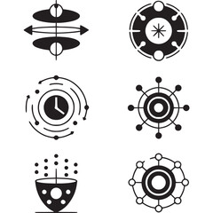 Obraz premium Art of collection of abstract geometric icons representing technology, science, and data processing, including clock, network, and atom symbols