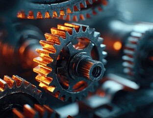Close-up of intricate gears, rusty metal, warm light