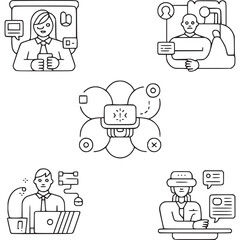 Art of set of modern line art icons illustrating business concepts like meetings, collaboration, virtual reality, and data analysis, featuring people interacting with technology