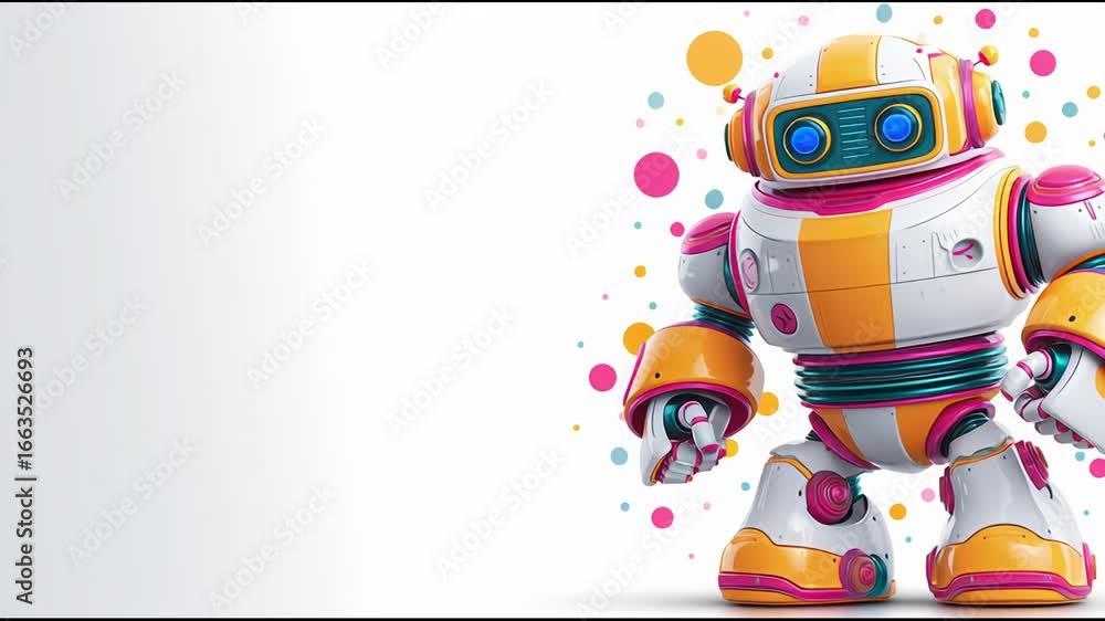 Poster colorful robot character interacts with animated background in vibrant design showcase