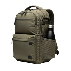 Naklejka premium Durable olive green backpack with water bottle in side pocket for outdoor adventures and travel transparent background