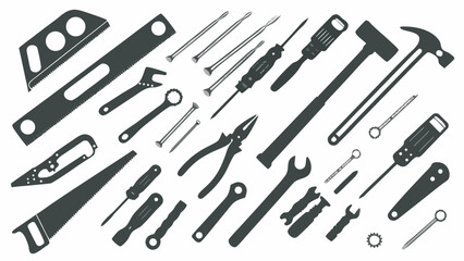 Illustration showing various hand tools including saws screwdrivers hammers and wrenches spread out randomly