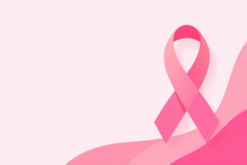 Pink ribbon symbolizing breast cancer awareness, elegantly placed on a soft pink background with flowing shapes, representing hope and support for those affected by the disease