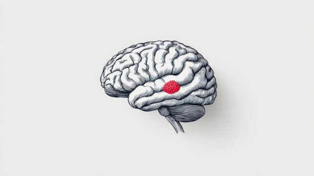 Detailed illustration of a human brain with intricate lines and textures, featuring a prominent red dot, symbolizing focus and cognitive processes in a minimalist design