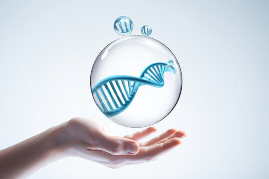 Scientific Innovation and Discovery A Hand Presenting a DNA Molecule Encased in a Protective Sphere Representing Breakthroughs in Genetic Research and Development