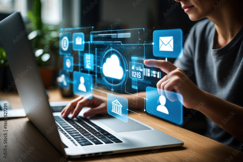 Poster seamless cloud integration a woman interacting with cloud computing interface on a laptop for effici