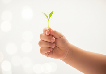 Child hand holding a plant