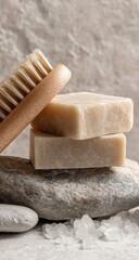 Natural spa items on stones.  A light beige, wooden-handled body brush, and two stacked bars of light beige soap rest on top of a collection of gray and white stones, with sea salt nestled at the base