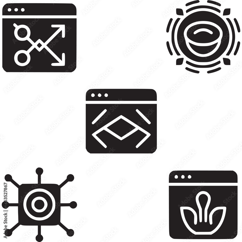 Poster art of a collection of five modern black icons representing various technological concepts, includin
