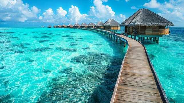 Tropical huts on water with wooden path and clear waves. Scenic resort with blue sea and sky under soft clouds.