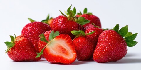 The Fresh Strawberries Piled Together with a Perfectly Sliced Half.