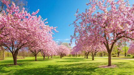 Obraz premium Cherry blossom road under clear blue sky