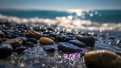 Close-up view of wet, colorful stones on a beach, with the ocean waves gently lapping in the background