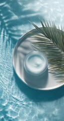 Fototapeta premium Cream jar on a plate, tropical leaf, water ripples