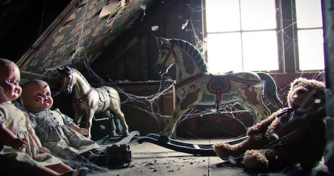 Halloween horrors Spooky abandoned nursery with creepy dolls, rocking horse, and cobwebs