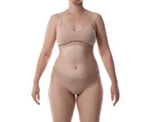 Liposuction. Woman in underwear on white background, closeup