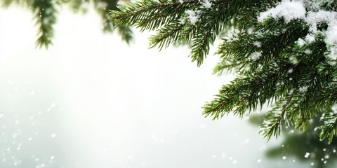 Obraz premium The snow-covered branches of a pine tree create a serene winter landscape.