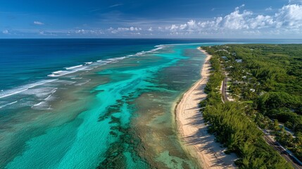 aerial view of cayman islands seven mile beach with ocean and forest