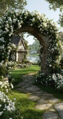 A quaint, floral archway leads to a serene garden house