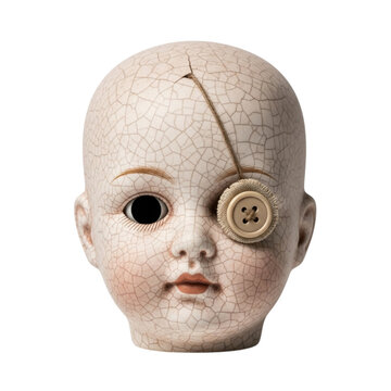 Creepy antique doll head with cracked porcelain and button eye in close-up studio shot transparent background