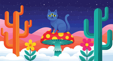 Fototapeta premium Computer classroom and devices blue cat on mushroom in desert