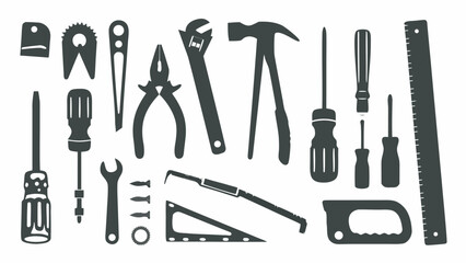 Illustration of various hand tools including screwdrivers hammer wrench and ruler in a monochrome style