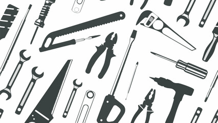 A monochrome seamless pattern featuring an assortment of hand tools on a white background design element