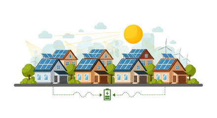 A vibrant illustration depicting a row of eco-friendly houses with solar panels on their roofs, connected to a battery for energy storage, under a bright sun...