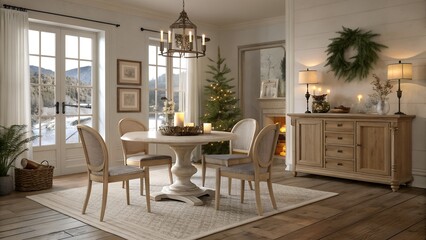 Realistic Classic European USA dining room, festive table setting and seasonal decor in natural wood, linen, and evergreen hues