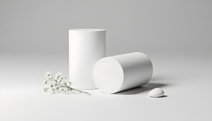 Elegant White Cylinders with Delicate Flowers Product Display Mockup