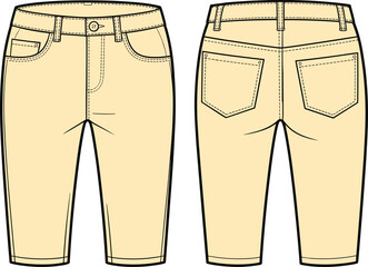 Men’s beige shorts, front and back view, casual summer clothing, vector fashion illustration, technical flat drawing, apparel design template