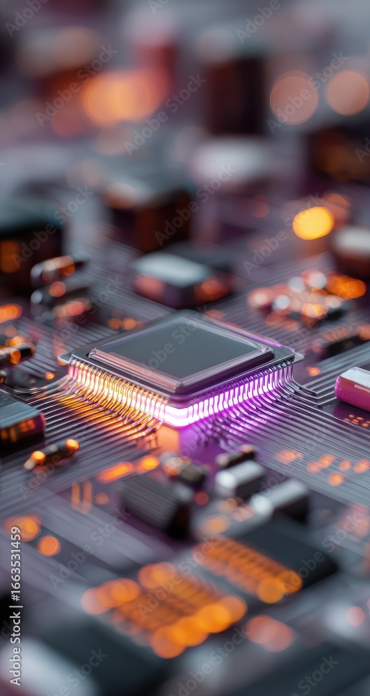 Poster close-up of a circuit board with a central processor chip, highlighted with vibrant purple and orang