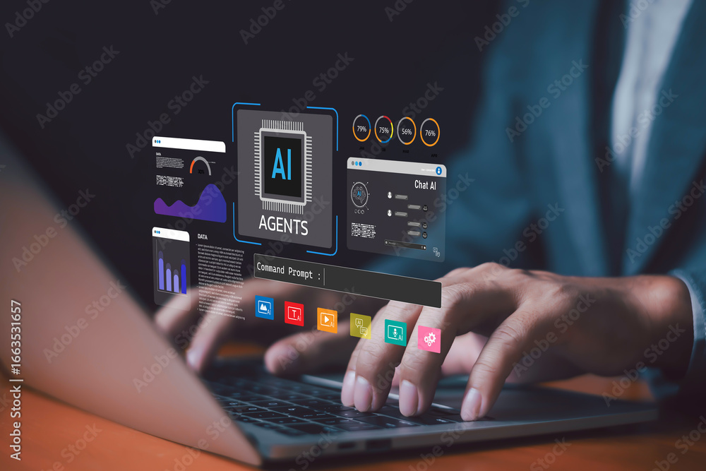 Fototapete businessman using laptop with ai agent and data dashboard interface representing artificial intellig