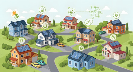 Naklejka premium An illustration of a sustainable suburban neighborhood with houses featuring solar panels and electric cars, connected by smart energy icons.