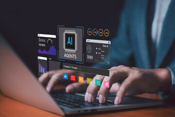 Businessman using laptop with AI agent and data dashboard interface representing artificial...