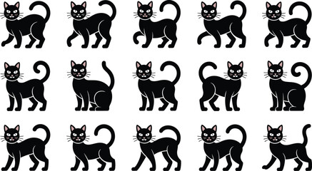 Black cat cartoon illustrations in various poses, cute vector feline collection, playful kitten silhouettes for pets, Halloween, decoration, graphic design