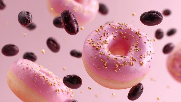 Pink glazed donuts with gold sprinkles and dark purple coffee beans in mid-air against a soft pink background - Powered by Adobe