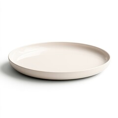 A minimalistic, round, beige plate is displayed against a clean white background, ideal for product showcases, dining concepts, or food photography, It emphasizes simplicity and elegance,