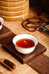 Ancient Chinese Puerh Tea Ceremony with Handmade Wooden Accessories and Traditional Setup