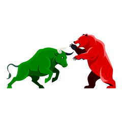 
A flat vector illustration of a green bull and a red bear facing each other, ready to fight. This depicts stock market trends. Vector illustration.