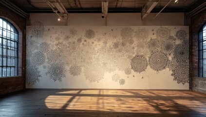 Large-scale wall art, intricate patterns,  covering a beige-cream wall.  Industrial space,  natural light