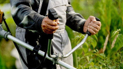 Man with grass trimmer mowing lawn