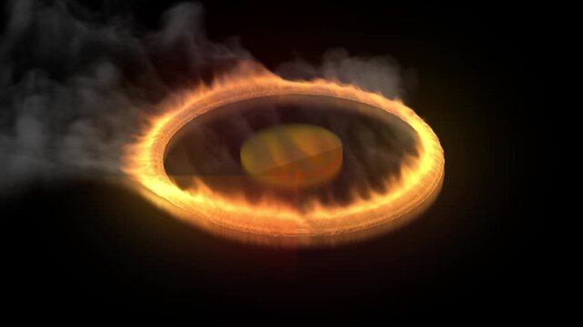 3d cinematic explosion of a fire burning in circle. 3d trendy electric explosion, fire blast smoke logo reveal green screen template, just place your logo and use chroma key.
