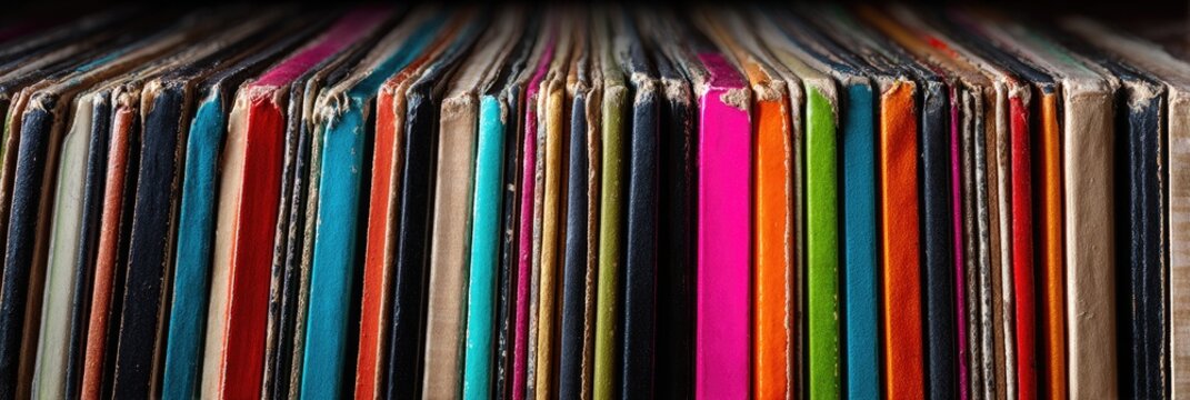 Rows of colorful vinyl record albums