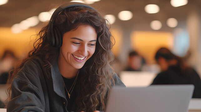 A Hispanic Latin Girl College Student Using Laptop Computer Watching Distance Online Learning Seminar Class, Remote University Webinar or Having Virtual Classroom Meeting. Generative Ai