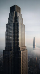 Fototapeta premium High-angle view of tiered skyscraper with foggy cityscape at dawn or dusk