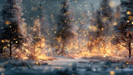 Winter wonderland forest scene. Golden light illuminates snow-covered trees