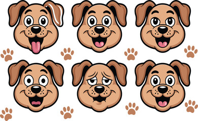 Cartoon dog faces, emotional expressions, happy, sad, surprised, tongue out, playful pet design, vector illustration, sticker set, paw prints