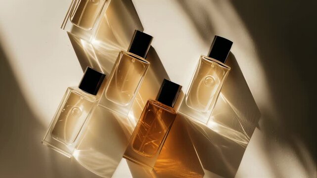 Elegant perfume bottles in sunlight with artistic shadows, perfect for luxury branding, product advertising, and modern beauty campaigns
