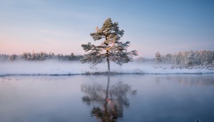 lone pine tree in snowy winter landscape reflected in the still waters of a foggy lake